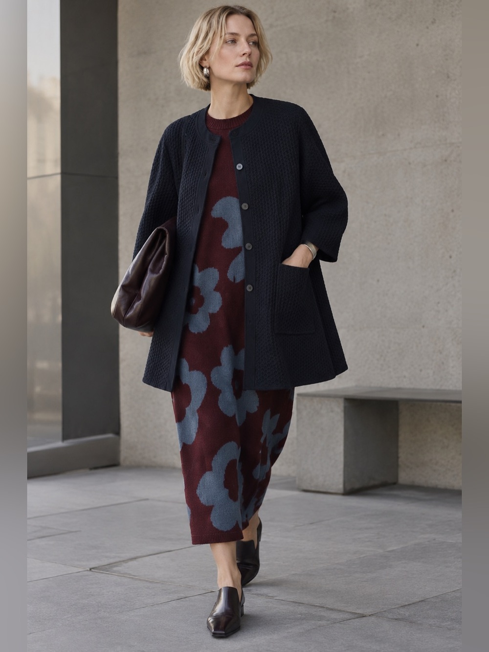COS Textured A-Line Jacquard-Knit Cardigan Coat Navy Size Medium